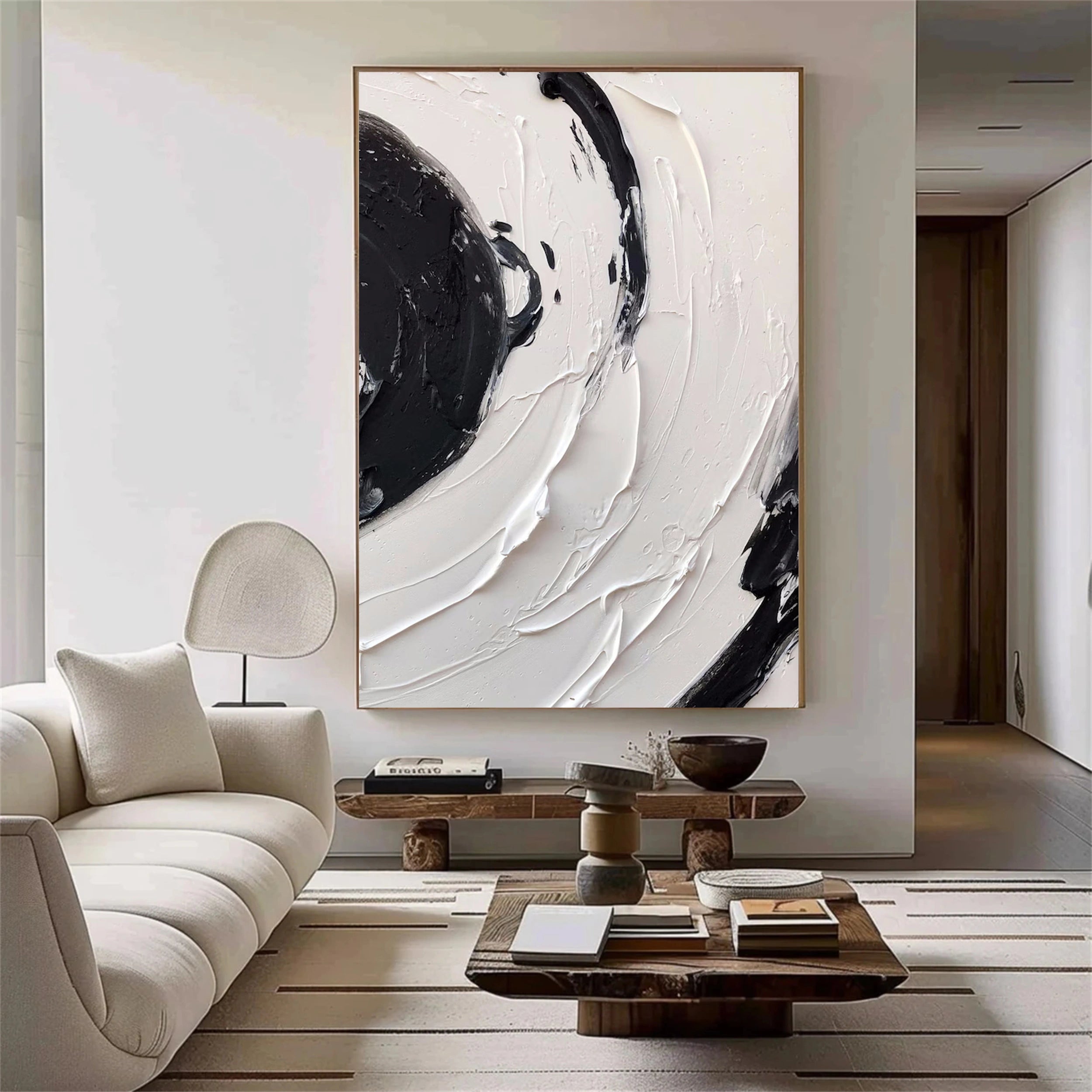 White & Black Minimalist Textured Painting Canvas - Modern Abstract Wall Art for Living Room & Bedroom Decor #MM139