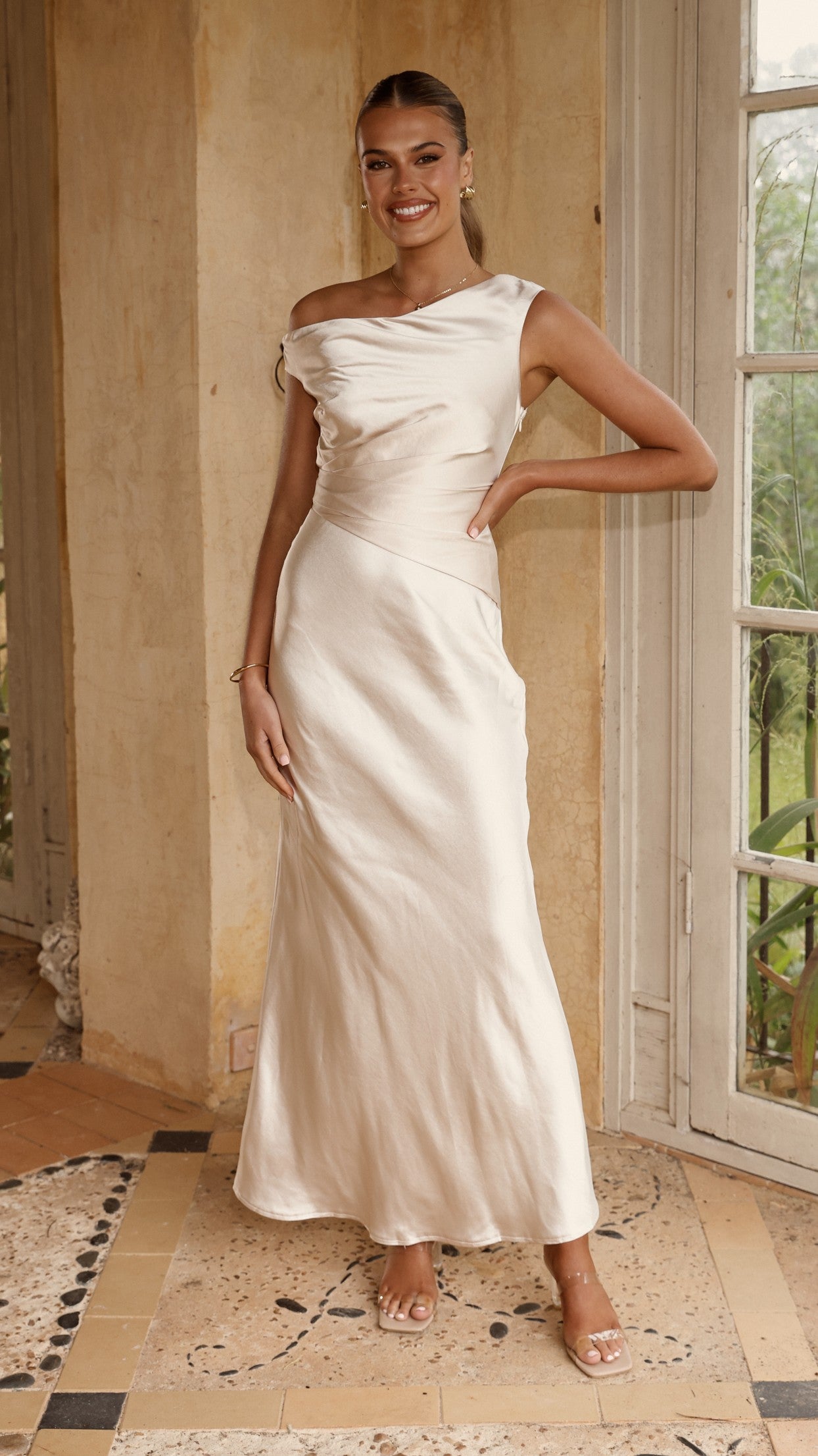Auria Off Shoulder Maxi Dress in Champagne - Elegant Summer Beach Wedding Guest Dress for Women