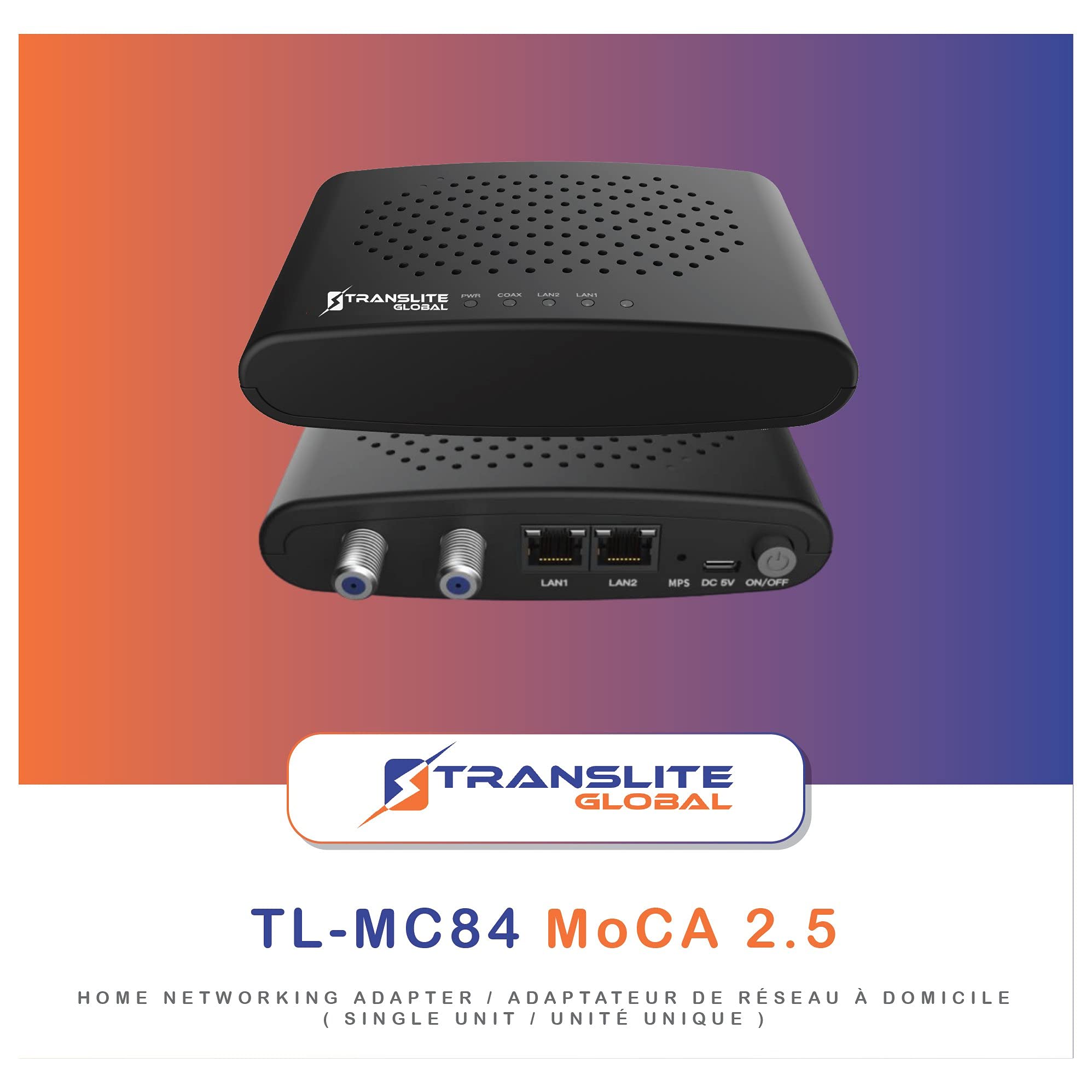 MoCA 2.5 Adapter with 2 Gigabit Ethernet Ports - High Speed Ethernet Over Coaxial Network Extender (2 Pack) for Home & Office | Translite Global TL-MC84 | Perfect for Streaming, Gaming & Smart Home Devices