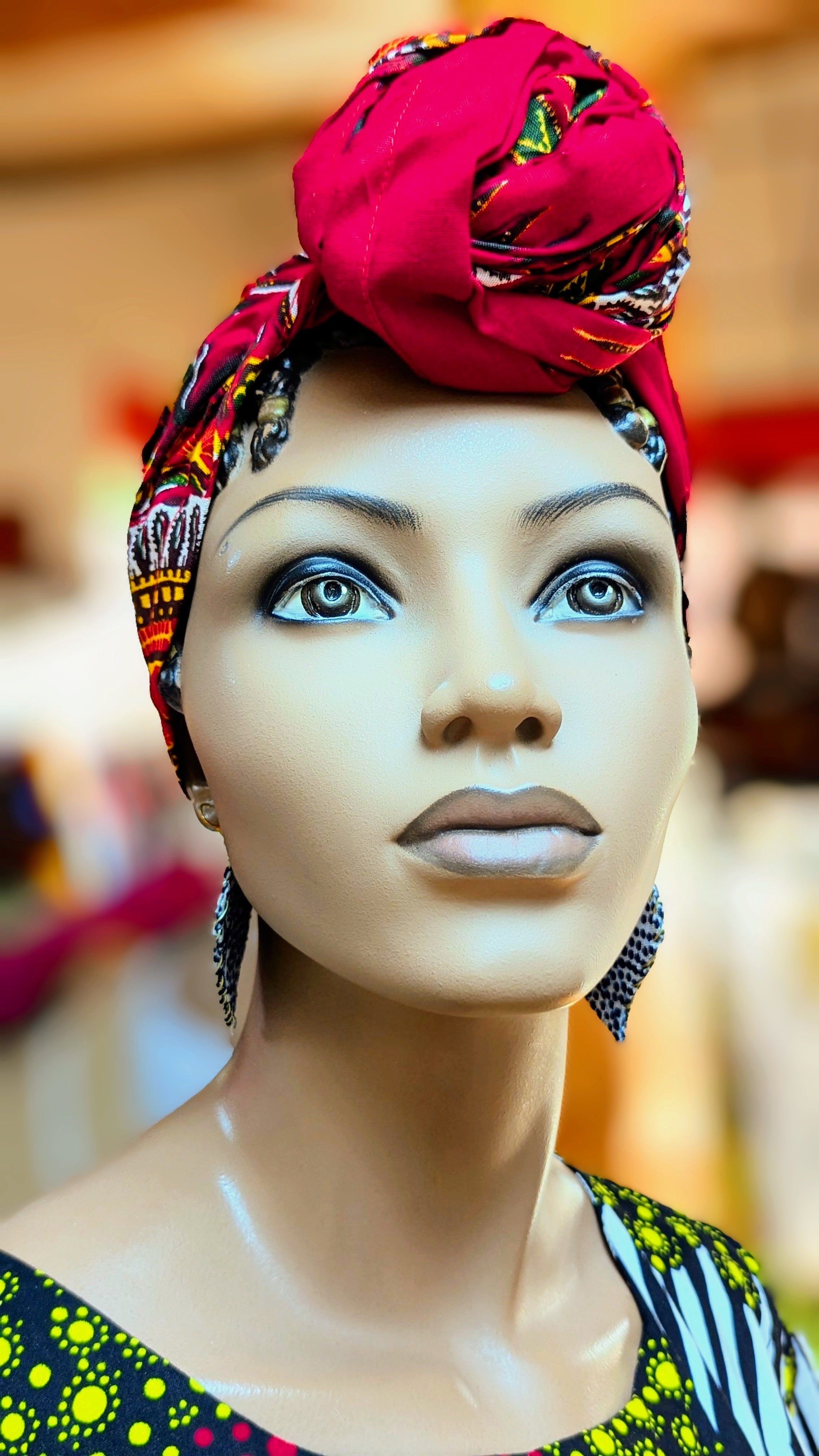 Dupsie's Zuriya Red Cotton Dashiki Print Pre-Tied Head Wrap Hat DP3975PT7 - African Style Headwear for Women, Perfect for Church, Weddings, and Cultural Events