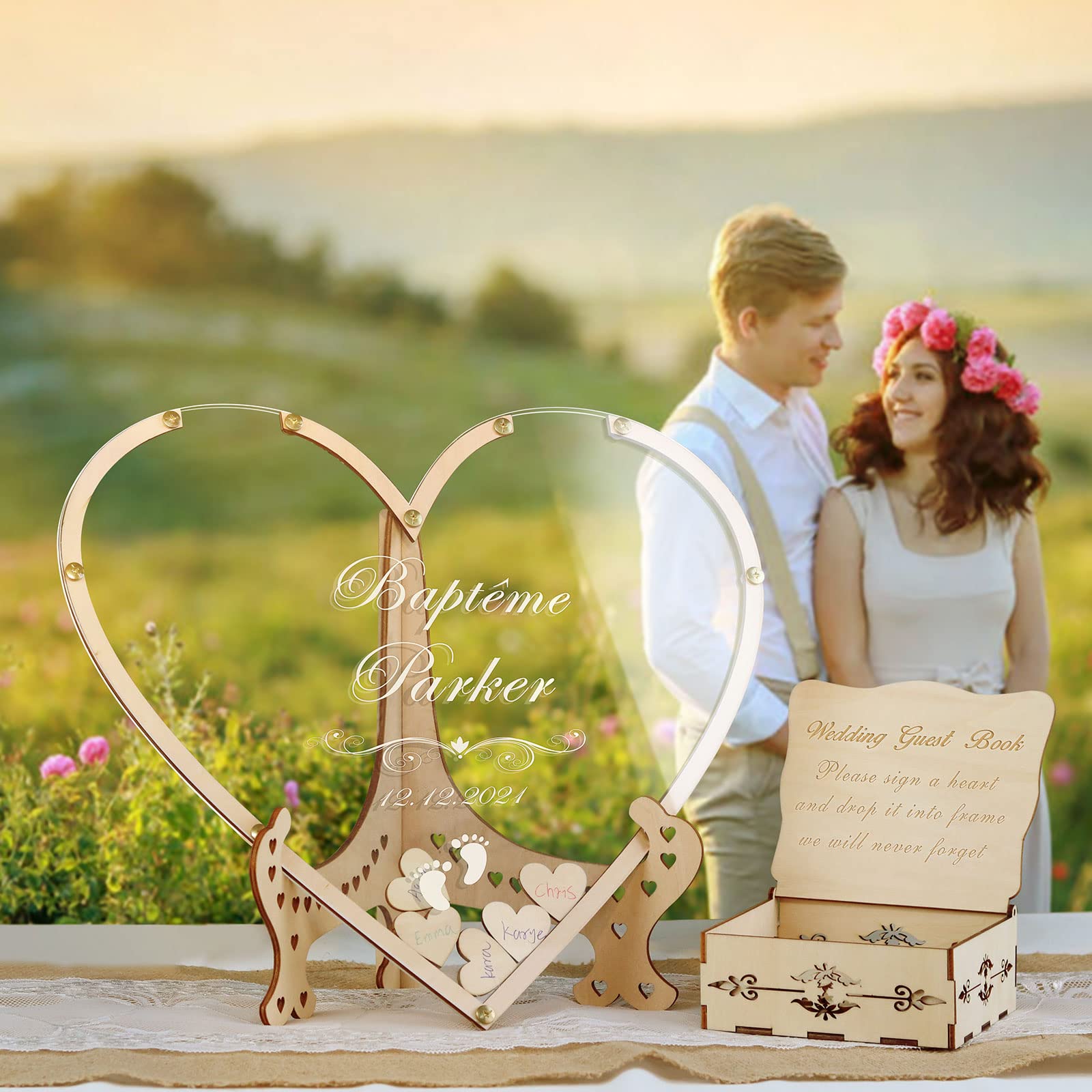 Personalized Heart Drop Guest Book Alternative with Box & Small Hearts - Rustic Wedding Decor, Anniversary & Baby Shower Keepsake - Perfect for Wedding Guest Signing, Anniversary Celebrations & Baby Shower Memories (Style10, Heart)