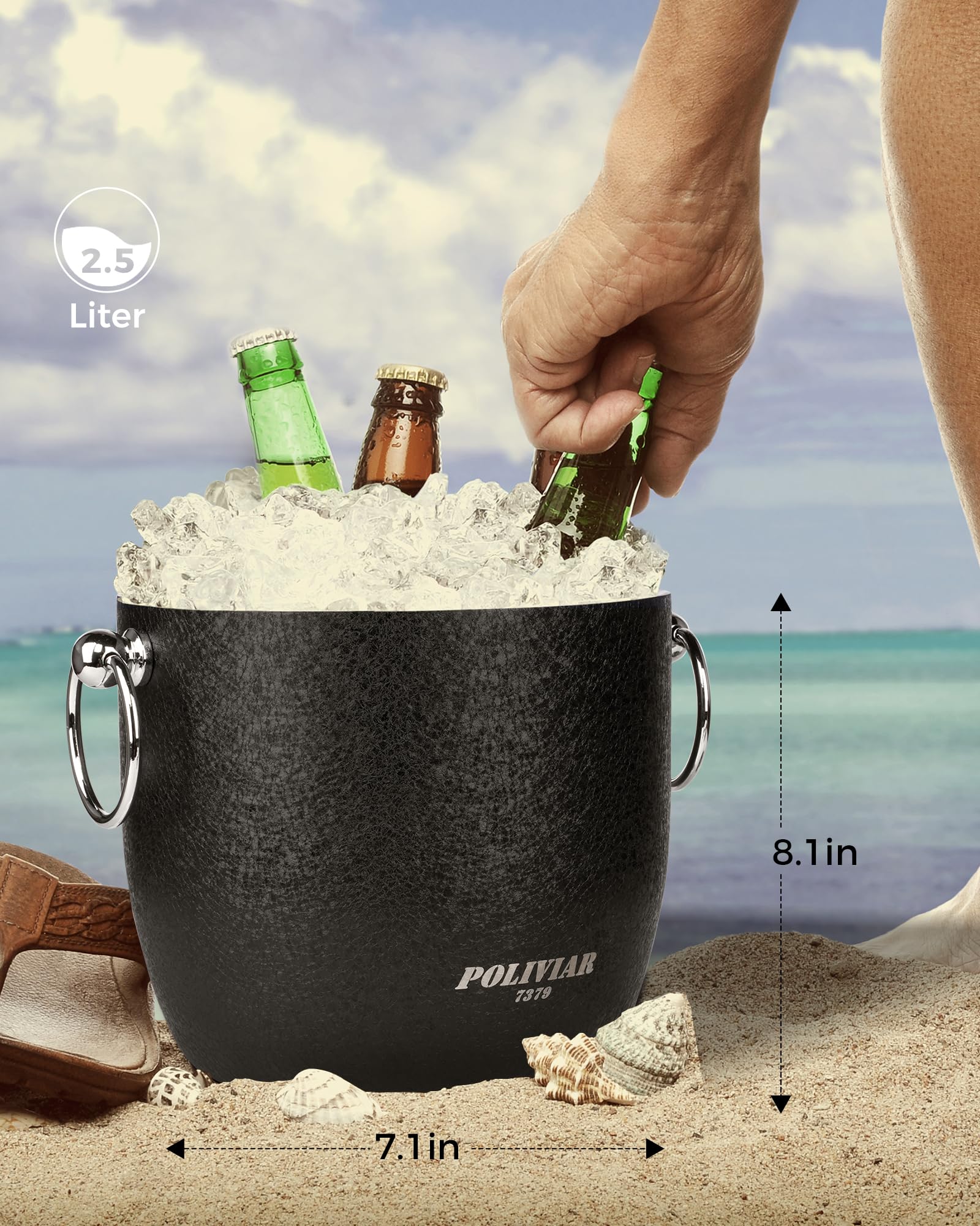 POLIVIAR 2.5L Stainless Steel Ice Bucket with Lid - Double Wall Insulated Cocktail Ice Bucket Set with Tong & Strainer - Perfect for Home Bars, Parties, Weddings & Outdoor Events