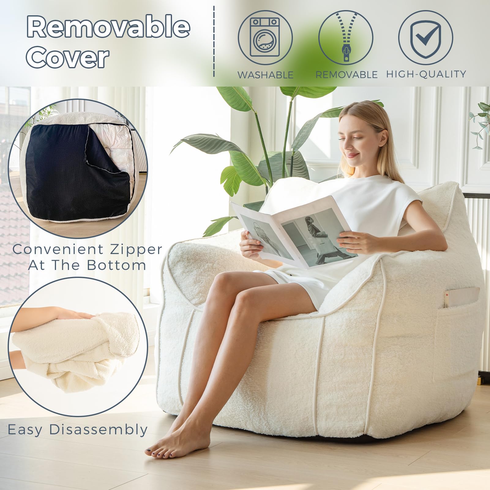 MAXYOYO Oversized Bean Bag Chair for Adults - Extra Large Fluffy Lounger with Decorative Stitching - Soft White Faux Fur Living Room Couch - Perfect for Relaxing, Gaming & Movie Nights