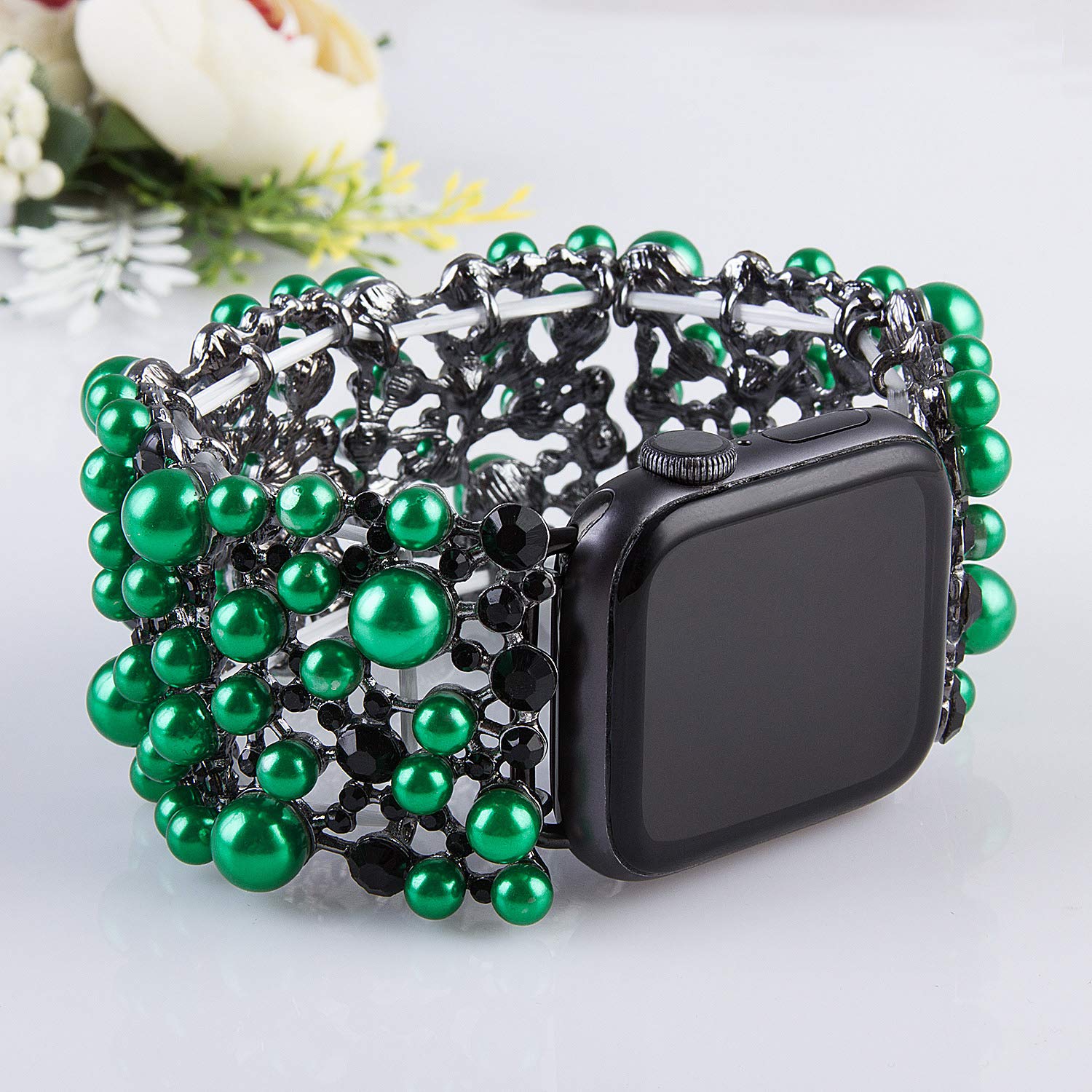 VIQIV Bling Bands Compatible with Apple Watch 38mm 40mm 41mm 42mm 44mm 45mm 49mm - Diamond Rhinestone Metal Pearl Bracelet Strap for Women - Perfect for Parties, Weddings & Formal Events