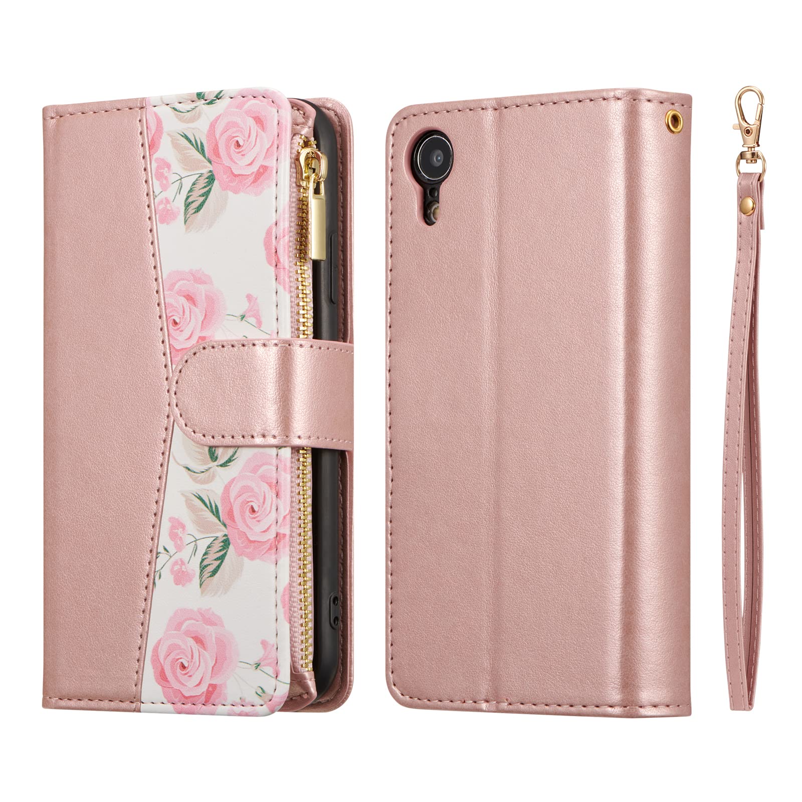 Premium PU Leather Wallet Case for iPhone XR with Magnetic Closure - 3 Card Slots, Zipper Pocket & Hand Strap - Elegant Rose Gold Roses Design | Perfect for Daily Use, Travel & Business (iPhone XR Wallet Phone Case)