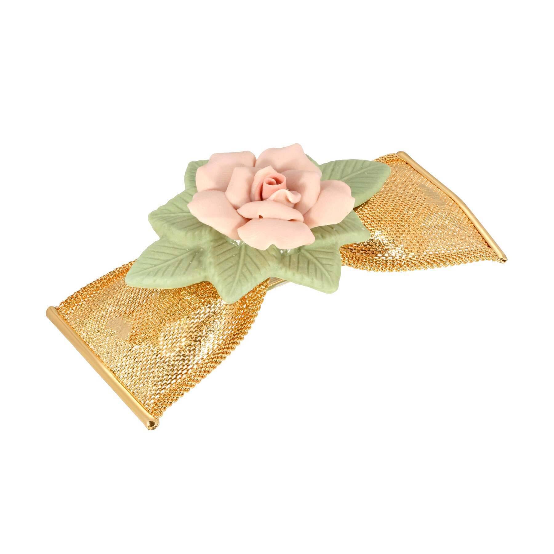 Vintage 1928 Jewelry Large Pink & Green Porcelain Flower Mesh Bow Hair Clip Barrette - Perfect for Weddings, Parties & Special Occasions