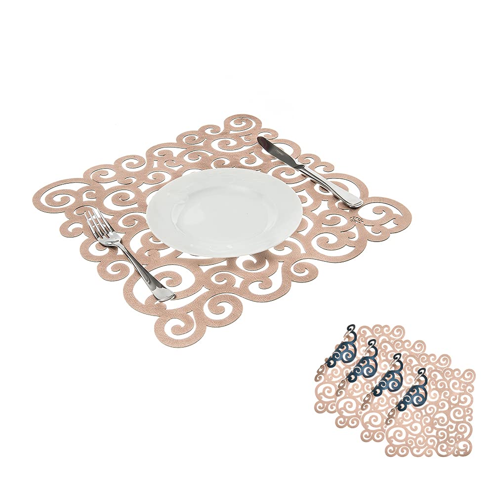 BLASANI Double Sided Laser Cut Placemats - Heat Resistant, Non Slip, Stain Resistant Set of 4 - Sea Snail Collection Navy Blue & Rose Gold - Perfect for Dining Tables, Kitchen Countertops, and Home Decor