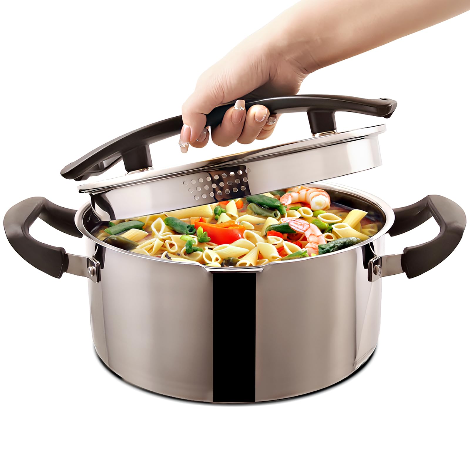 Premium 3 Quart Stainless Steel Pasta Pot with Strainer Lid - Cyrder Durable Cookware Set, Dishwasher Safe Stock Pot with Dual Spouts & Capsule Bottom for Pasta, Soup, Stews & Home Cooking
