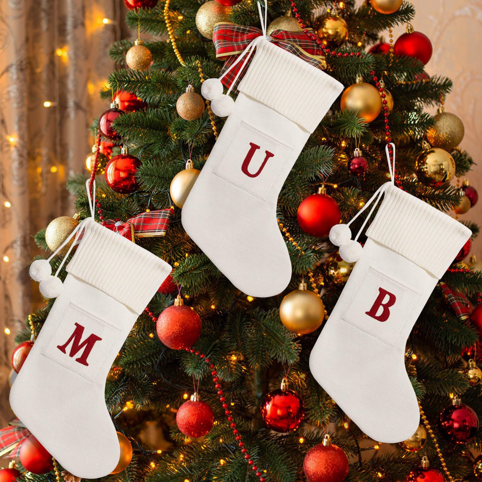 Personalized Knitted Christmas Stockings with Monogram Initials - 16.5 Inch Custom Xmas Stockings for Fireplace Hanging (26 Letters Available) - Perfect for Family Holiday Decorations, Christmas Party Gifts & Cozy Winter Home Decor (White)