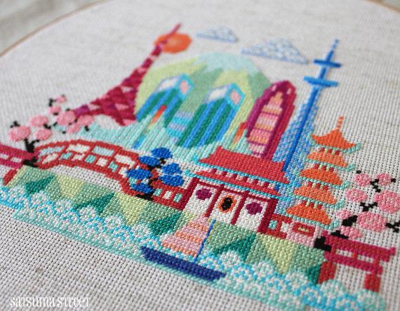 Pretty Little Tokyo Cross Stitch Pattern Kit - Japanese Style Embroidery Design for Beginners & Experts - Perfect for Home Decor, DIY Crafts & Gifts