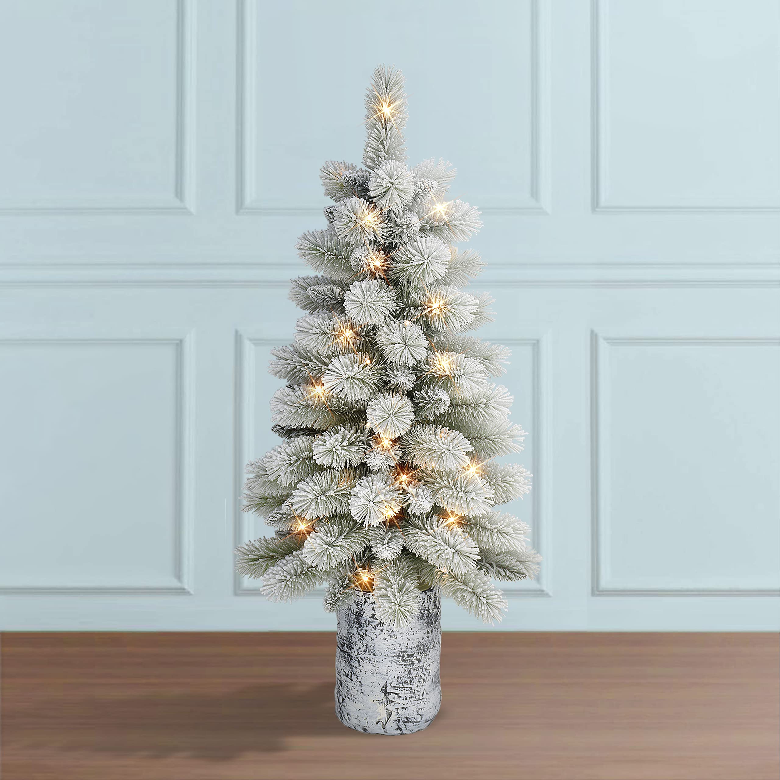 3.5 ft Pre-Lit Flocked Artificial Christmas Tree with 91 Tips & 50 Warm White LED Lights - Battery Operated (3 AA Batteries Not Included), 6/18 Hour Timer - Perfect for Home, Office, and Holiday Decorations