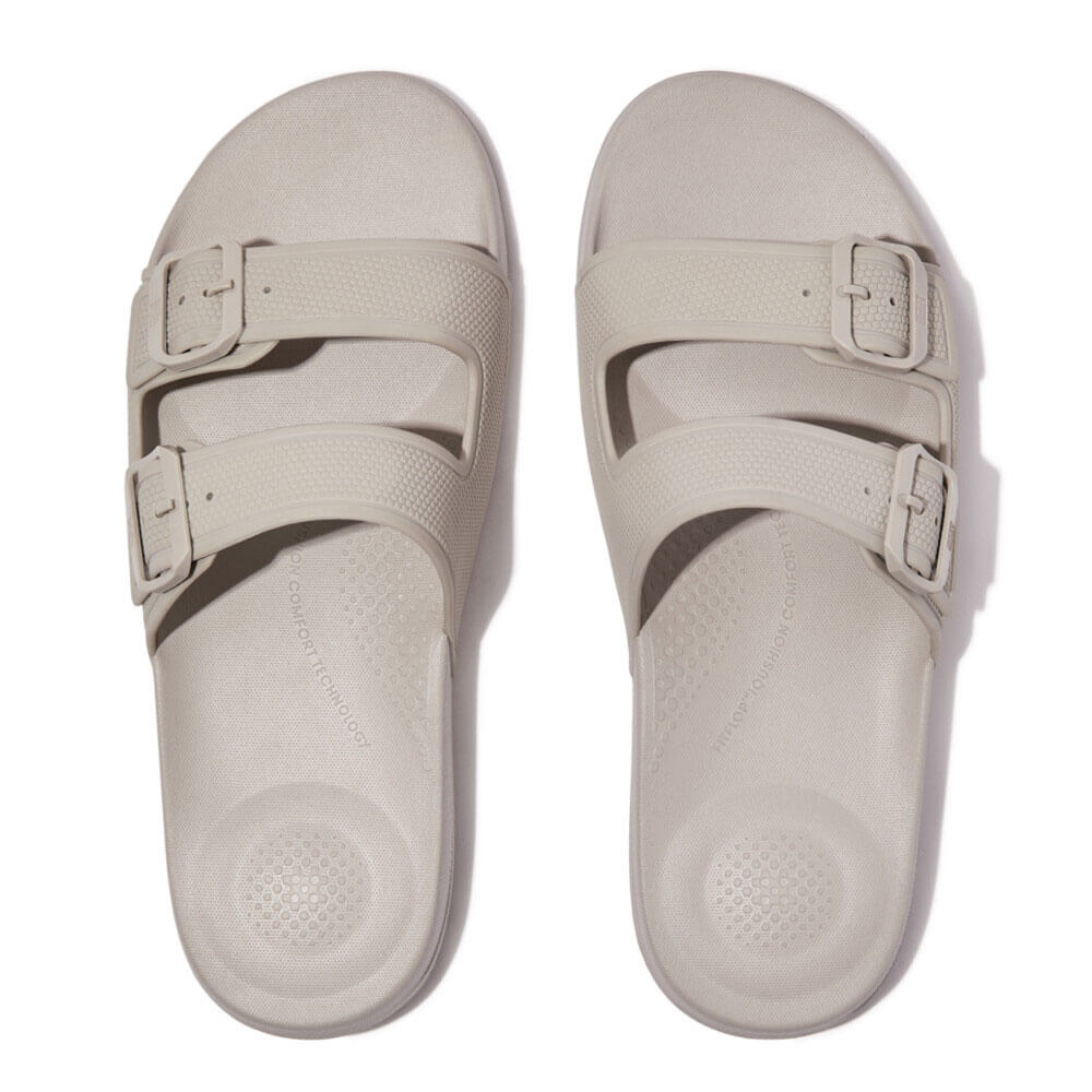 FitFlop Men's Iqushion Two Bar Buckle Slides - Comfortable Sandals for Walking & Casual Wear - Clay Grey Color | Perfect for Beach, Poolside & Summer Outfits