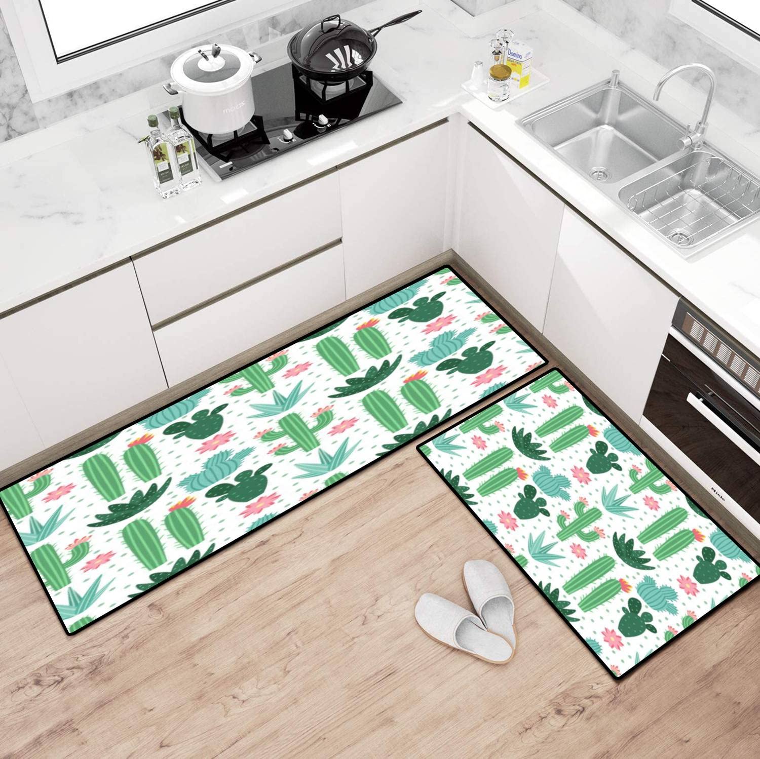 Non-Slip Washable Kitchen Rugs Set with Cactus Design - Seamless Exotic Desert Cacti Pattern Floor Mat, Runner & Doormat - Perfect for Kitchen, Bathroom, Entryway Decor and Comfortable Standing Mats