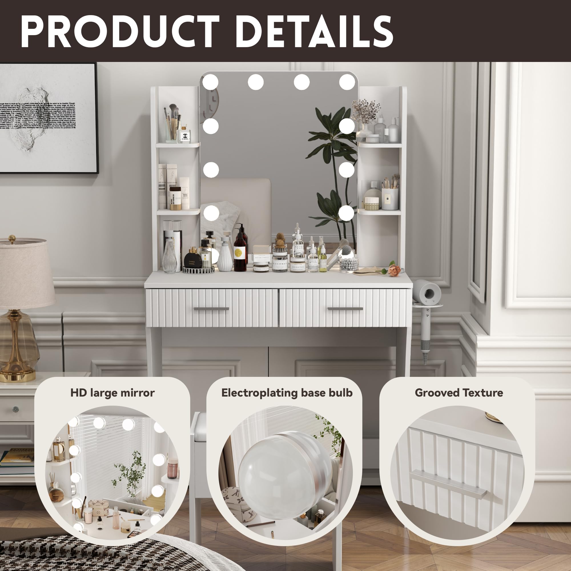 LED Vanity Desk with Lighted Mirror - Adjustable Makeup Vanity Set with 3 Lights, 2 Drawers & 4 Shelves, Includes Storage Stool - Perfect for Bedroom, Dressing Room & Beauty Salon (White)