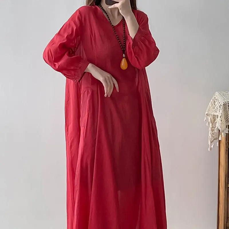 Elegant Red Linen Wrap Dress with V-Neck & 3/4 Sleeves - Perfect for Summer Weddings, Date Nights & Office Wear