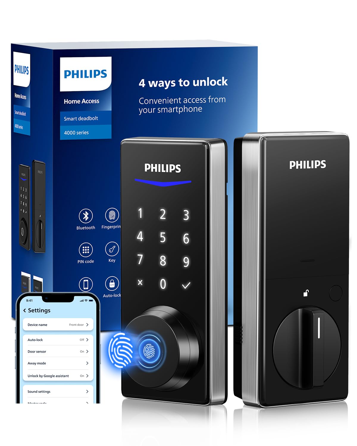 Philips Smart Lock - Fingerprint Keyless Entry Door Lock with App Control, BHMA Grade 3 Deadbolt, 9-Month Battery Life, IP53 Waterproof (Satin Nickel) - Ideal for Home Security & Smart Access Control