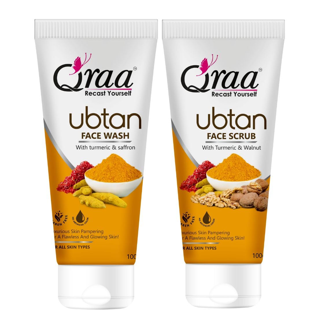 Qraa Ubtan Face Wash & Scrub Combo Pack (100g x 2) - Turmeric & Saffron for Tan Removal, Skin Lightening & Glow | Suitable for All Skin Types | Perfect for Daily Skincare & Brightening Routine