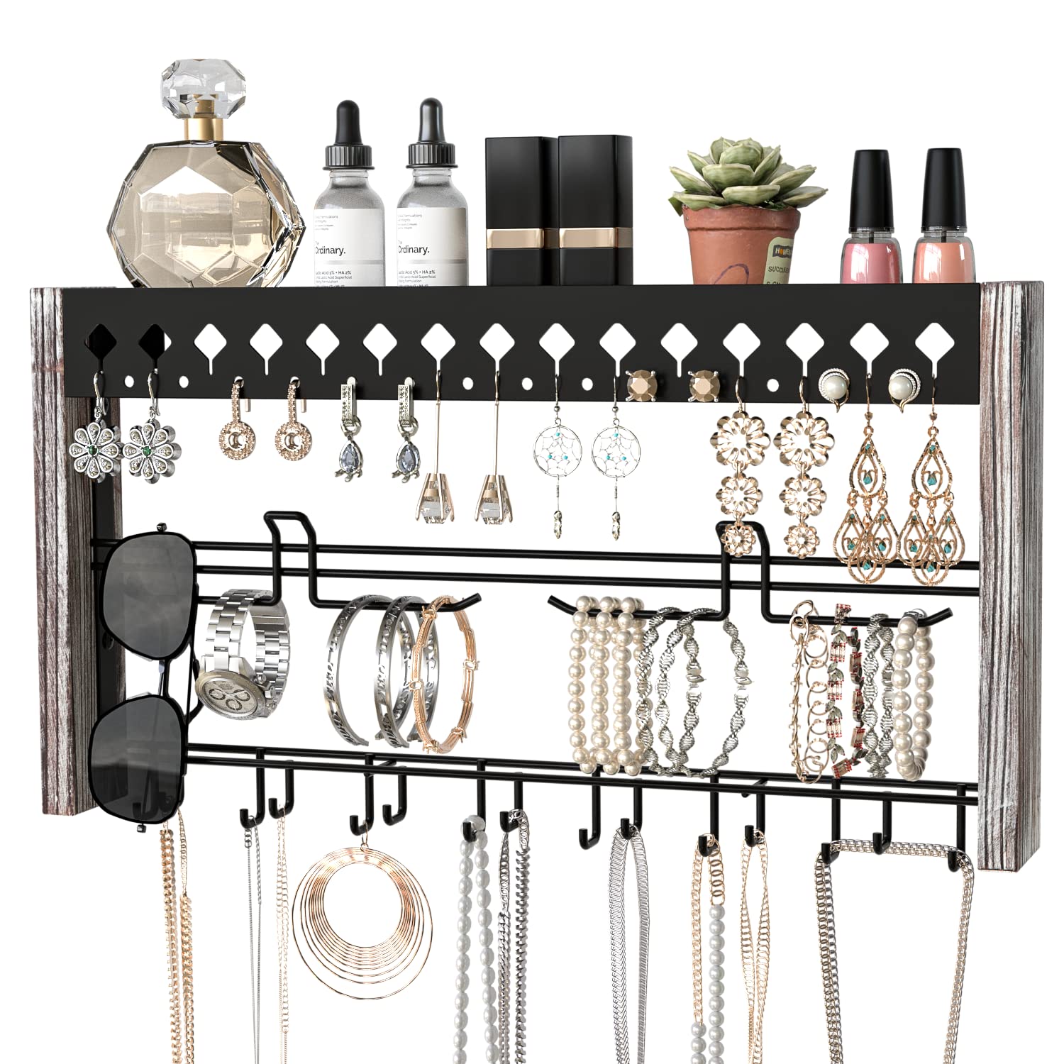 JackCubeDesign MK460A Rustic Wood Wall Mount Jewelry Organizer with Metal Hooks - Perfect for Bedroom, Bathroom & Closet Storage Organization
