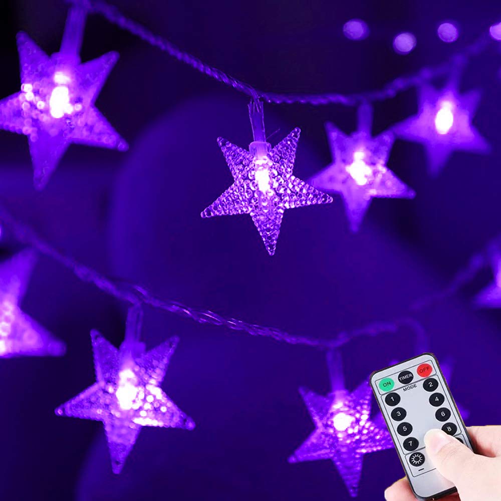 50 LED Purple Star Fairy Lights - 8 Modes Battery Operated Waterproof String Lights for Christmas, Halloween, Bedroom, Kids Playhouse & Camping Decor | Perfect for Tree Decorations, Party Lighting & Outdoor Ambience