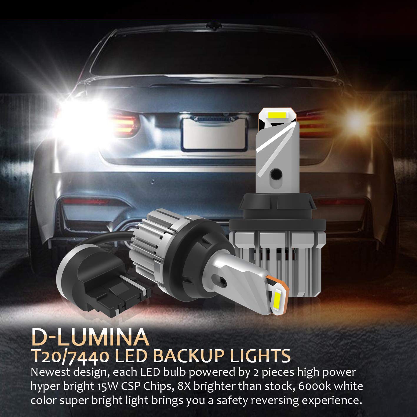 D-Lumina 7440 7443 LED Backup Reverse Light Bulbs - 5600 Lumens, 21W, 2-SMD CSP Chips, T20 7441 W21W, Canbus Error Free, Plug & Play, 6000K White (Pack of 2) - Perfect for Car & Truck Reverse Lights, Parking, Night Driving, and Enhanced Visibility