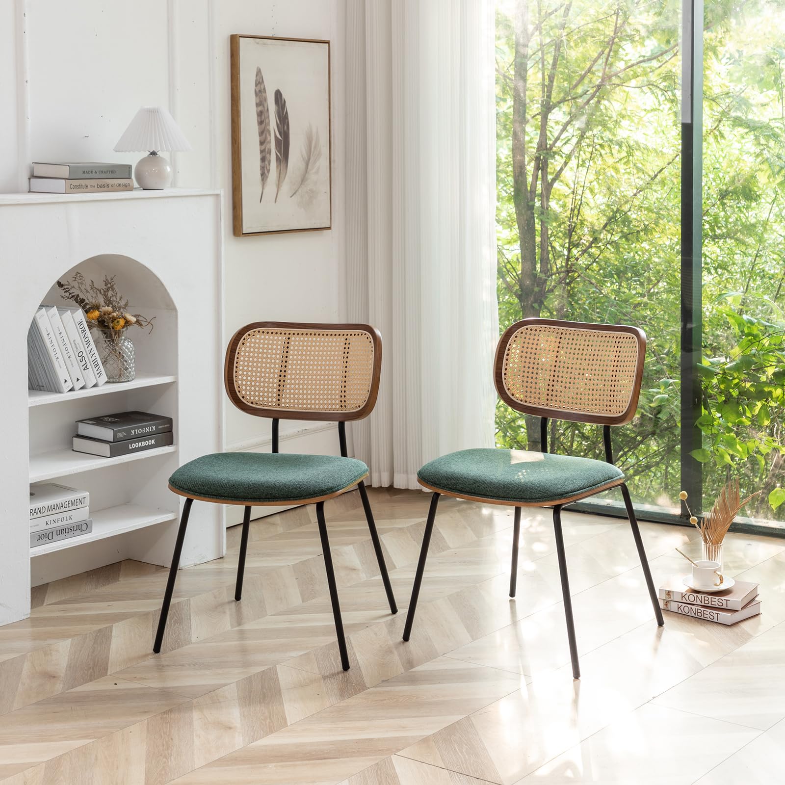 Mid Century Modern Rattan Dining Chairs Set of 2 - Cane Back Kitchen & Dining Room Chairs with Black Metal Legs in Green | Perfect for Boho Home Decor, Farmhouse Dining, and Indoor/Outdoor Entertaining