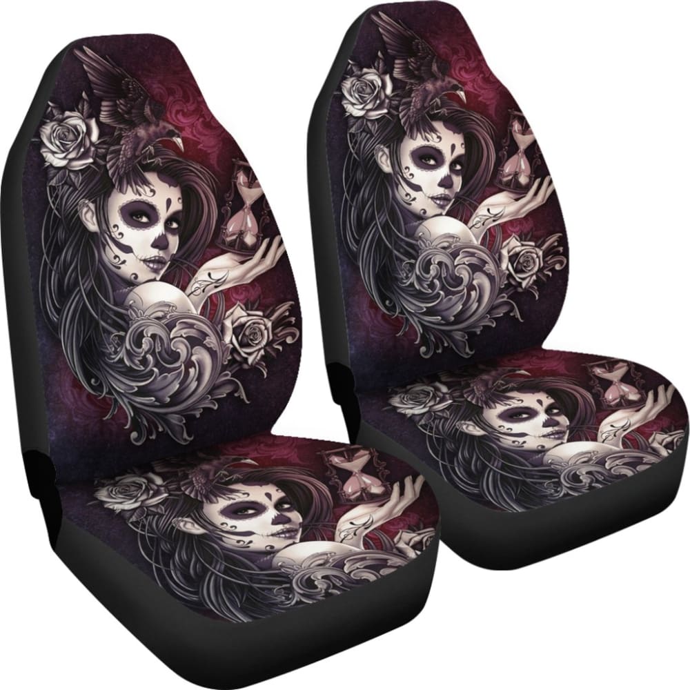 2 Pcs Sugar Skull Girl Car Seat Covers - Mexican Day of the Dead Decor - Universal Fit for Cars, Trucks & SUVs - Perfect for Halloween, Dia de los Muertos & Gothic Home Decor