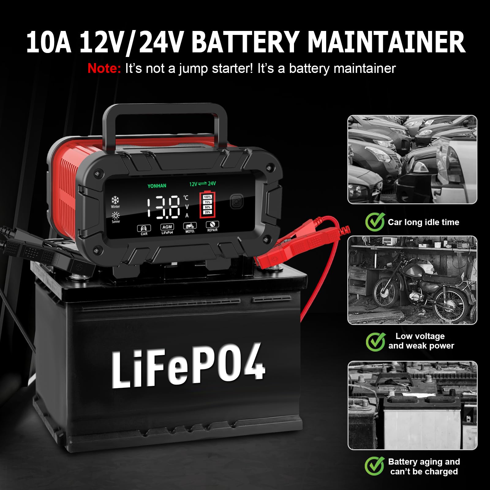 YONHAN 12V/24V Smart Battery Charger 0-10 Amp - Fully Automatic LiFePO4 & Lead Acid Car Battery Charger with Large LCD Display - Portable Automotive Trickle Charger & Maintainer - Perfect for Cars, Trucks, Boats, Motorcycles & RV Battery Maintenance