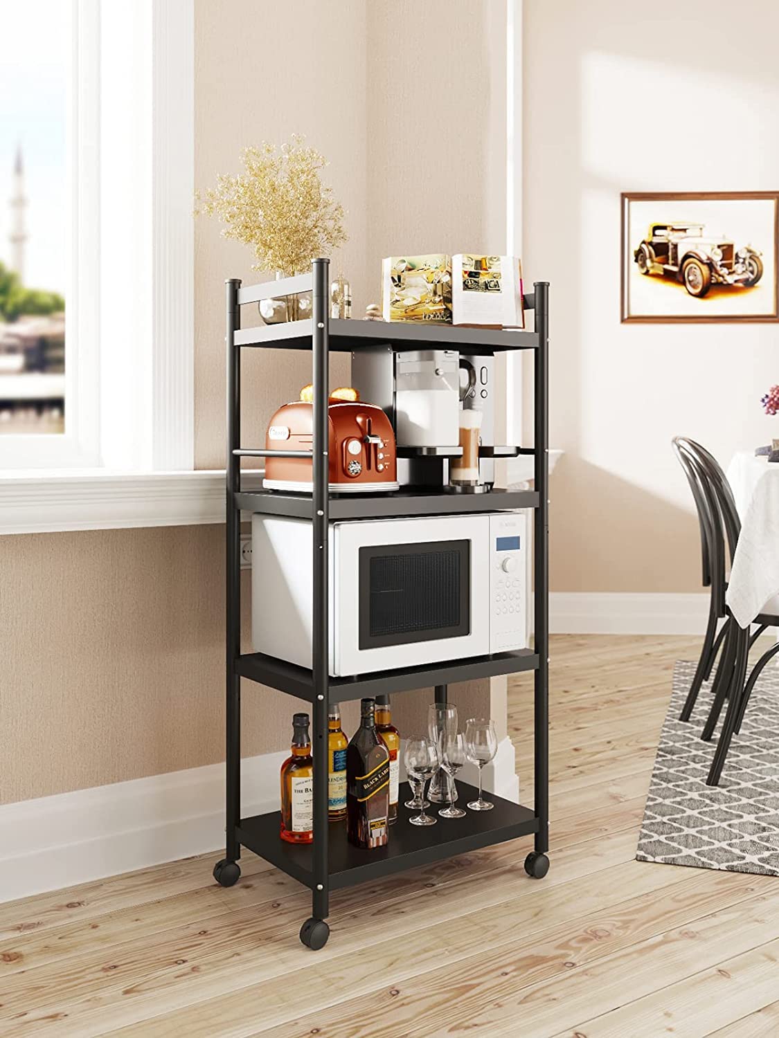 Heavy Duty 4-Tier Metal Kitchen Baker's Rack with Wheels - XL200 Black Storage Shelving Unit (23.6