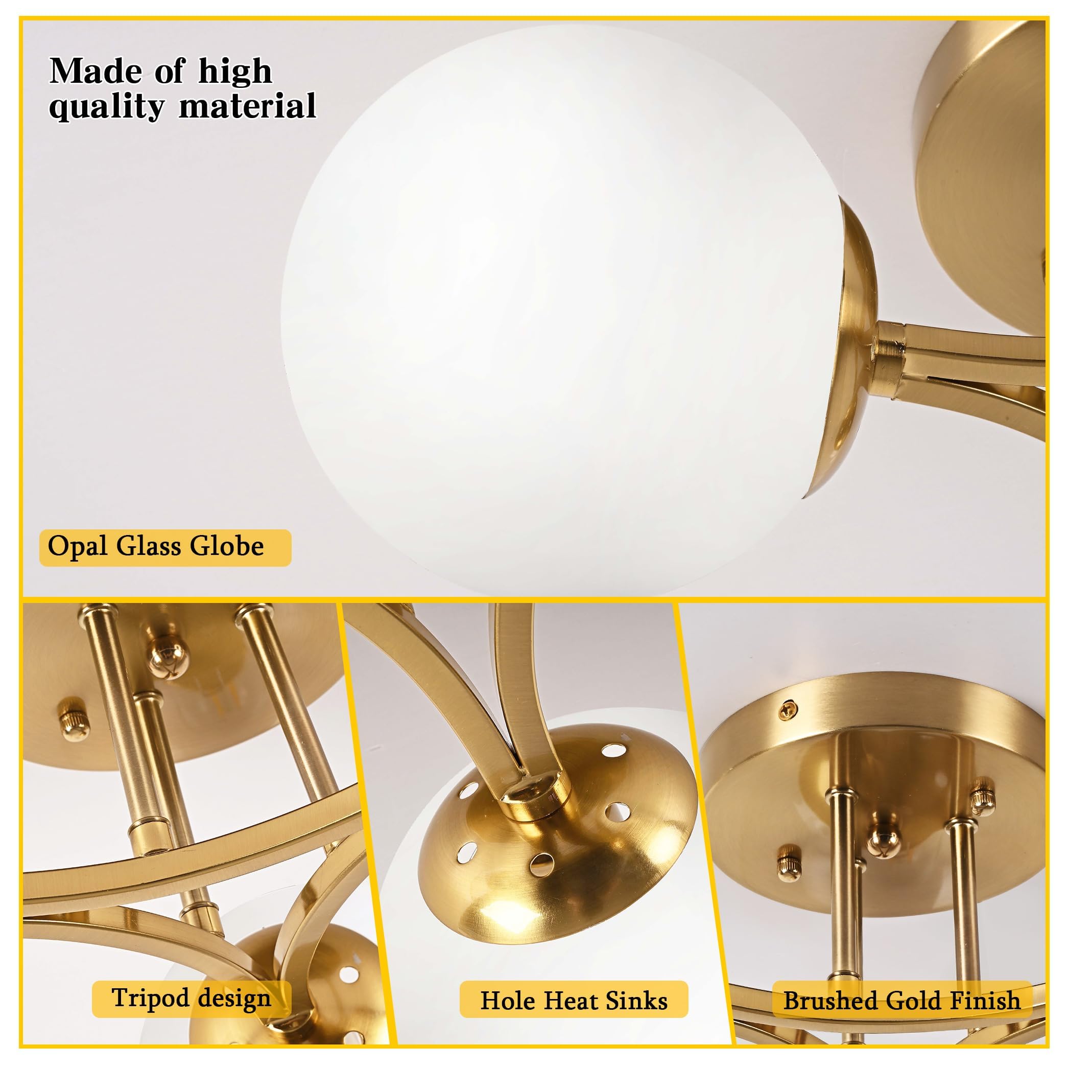 3-Light Mid Century Modern Semi Flush Mount Ceiling Light - Gold Sputnik Chandelier with Milk Glass Shade - Perfect for Living Room, Dining Room & Bedroom Lighting