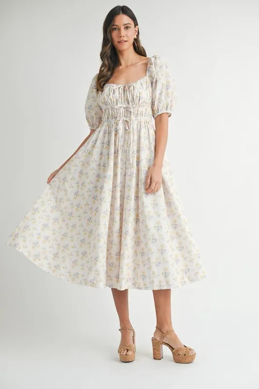 Floral Puff Sleeve Midi Summer Dress for Women - Boho Flowy Beach Dress with Ruffle Hem, Perfect for Vacation, Wedding Guest & Outdoor Parties