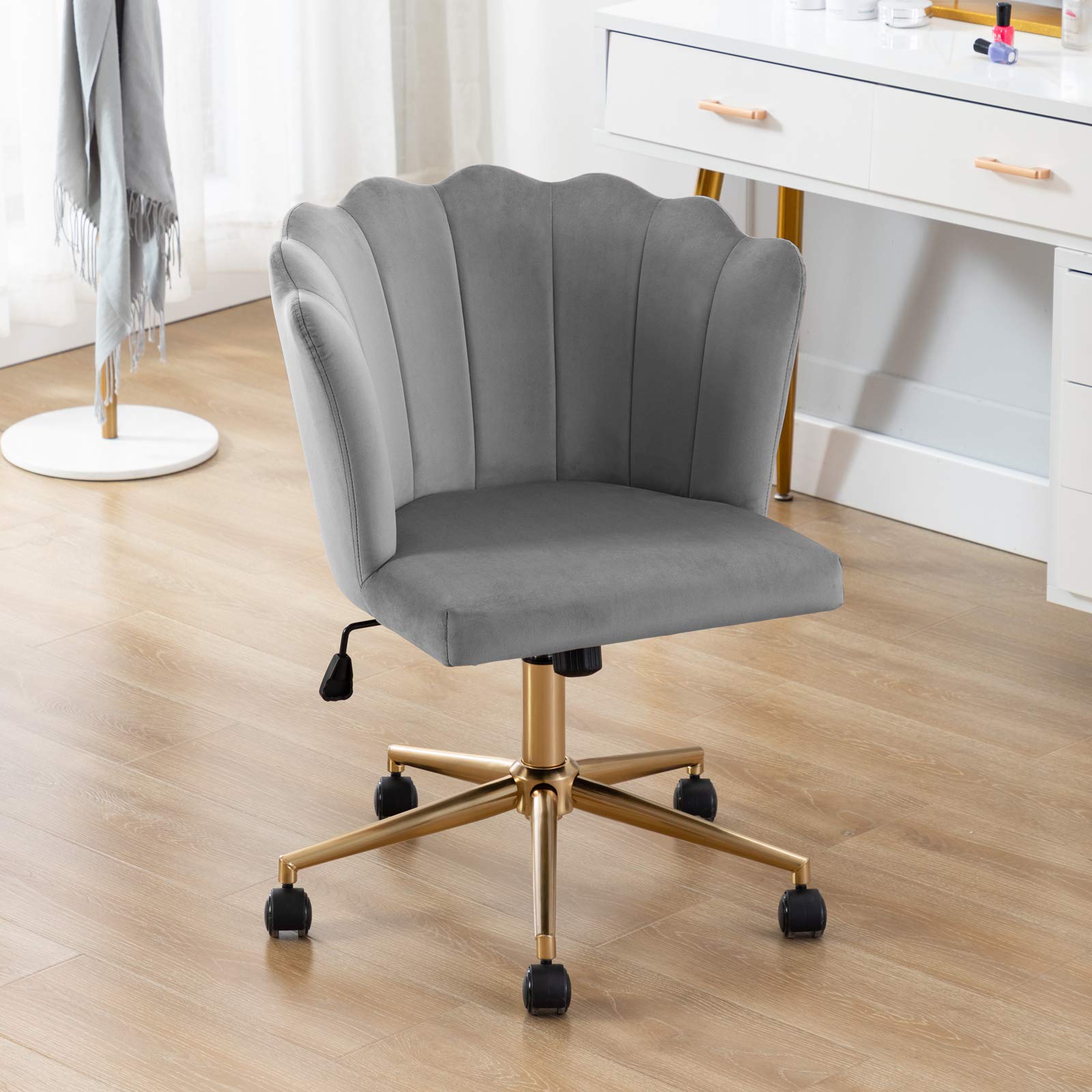 DUHOME Modern Velvet Fabric Office Chair - Adjustable Swivel Desk Chair with Gold Base for Home & Workspace | Grey Accent Chair for Comfortable Working & Studying