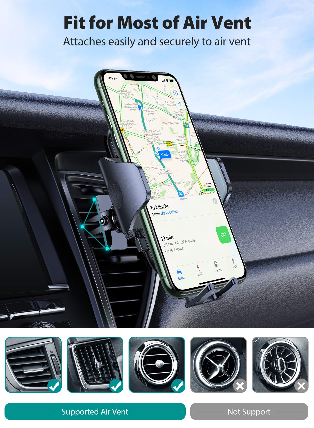 VICSEED Air Vent Clip Car Mount - Twist-Lock Anti-Shake Grip, 17mm Ball Head Universal Phone Holder for Safe Driving & Hands-Free Navigation