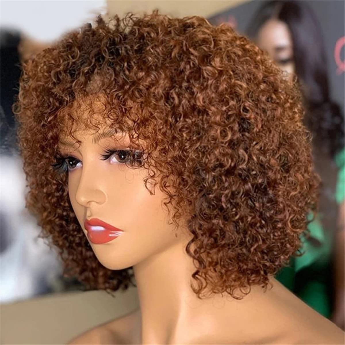 Ombre Brown Short Bob Curly Wig with Bangs - 180% Density Human Hair Wig for Black Women | Jerry Curly Pixie Cut | Afro Curly Remy Hair Wig (Dark Brown Roots) - Perfect for Daily Wear, Parties & Cosplay