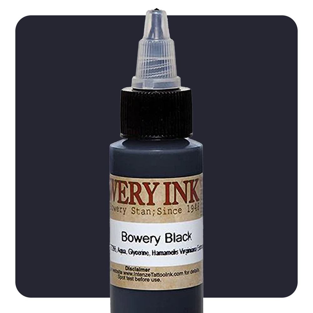 Black Bowery Artist Series Intenze Tattoo Ink - 1oz Bottle for Professional Tattoo Artists & Body Art Enthusiasts - Perfect for Fine Line Work & Detailed Tattoo Designs