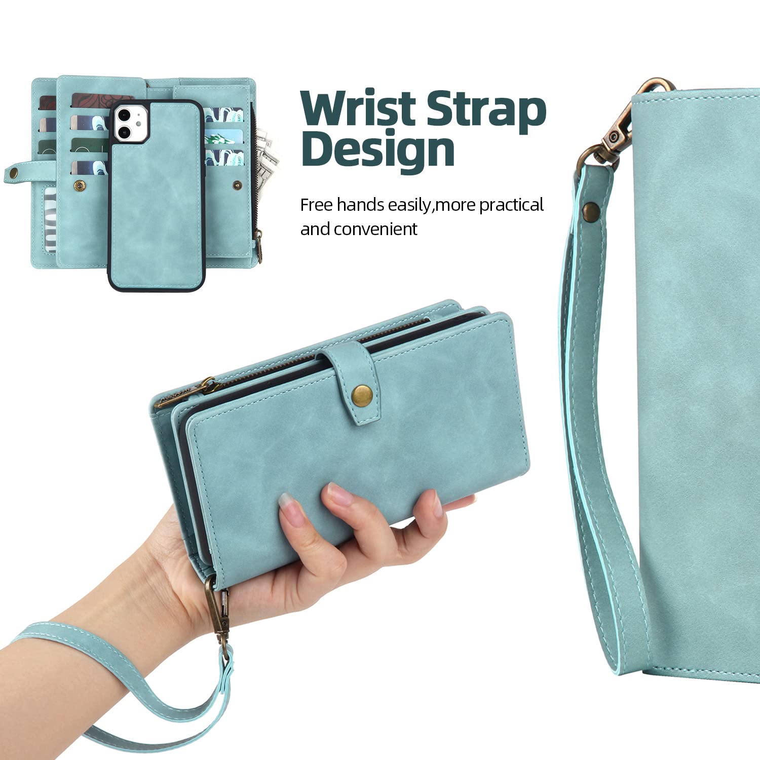 Magnetic Wallet Case for iPhone 11 with Card Holder & Detachable Cover - PU Leather Phone Case with Wrist Strap for Women & Men (Blue) - Perfect for Travel, Shopping & Everyday Use