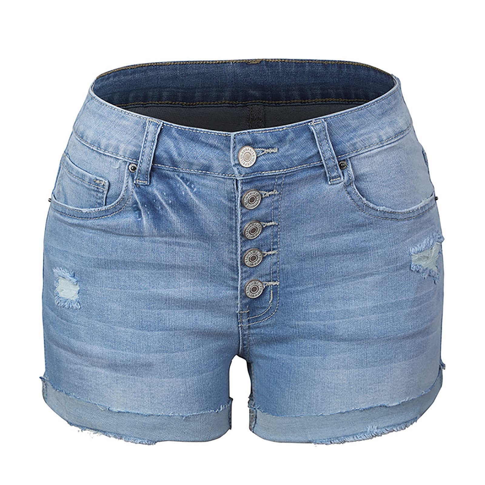 Women's Mid Rise Ripped Denim Shorts - Stretchy Folded Hem for Summer Fashion | Casual & Dressy Wear
