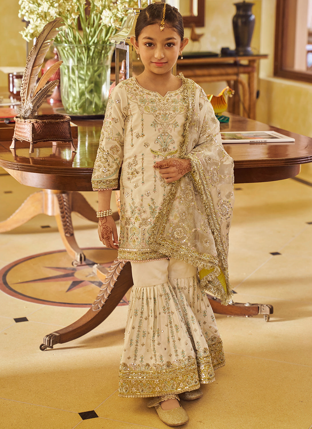 Kids Cream and Gold Embroidered Gharara Outfit - Traditional Pakistani Dress for Girls - Perfect for Eid, Weddings & Special Occasions
