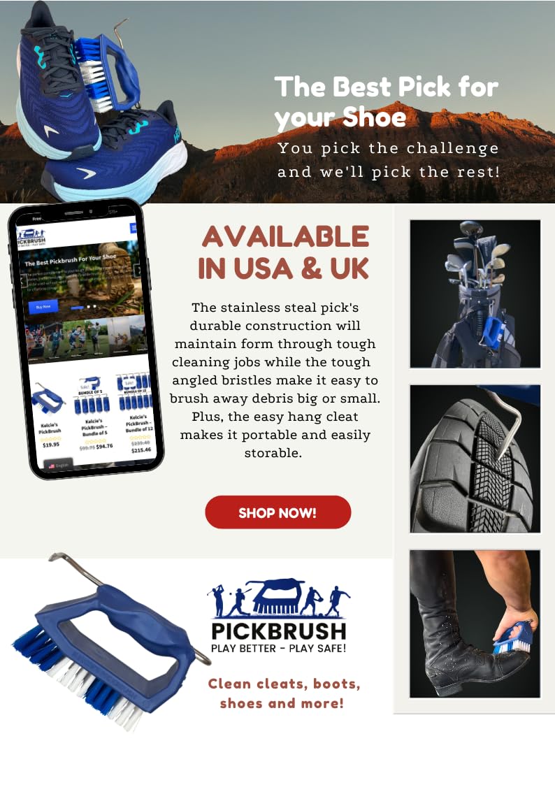 Kelcie's Heavy-Duty Handheld Shoe Cleaning Brush with Pick - Stiff Bristle Boot Brush & Cleat Cleaner for Golf, Soccer, Baseball, Hiking & Outdoor Sports - Quickly Remove Mud, Dirt & Debris from Shoes - Perfect for Garage, Locker Room & Travel Use