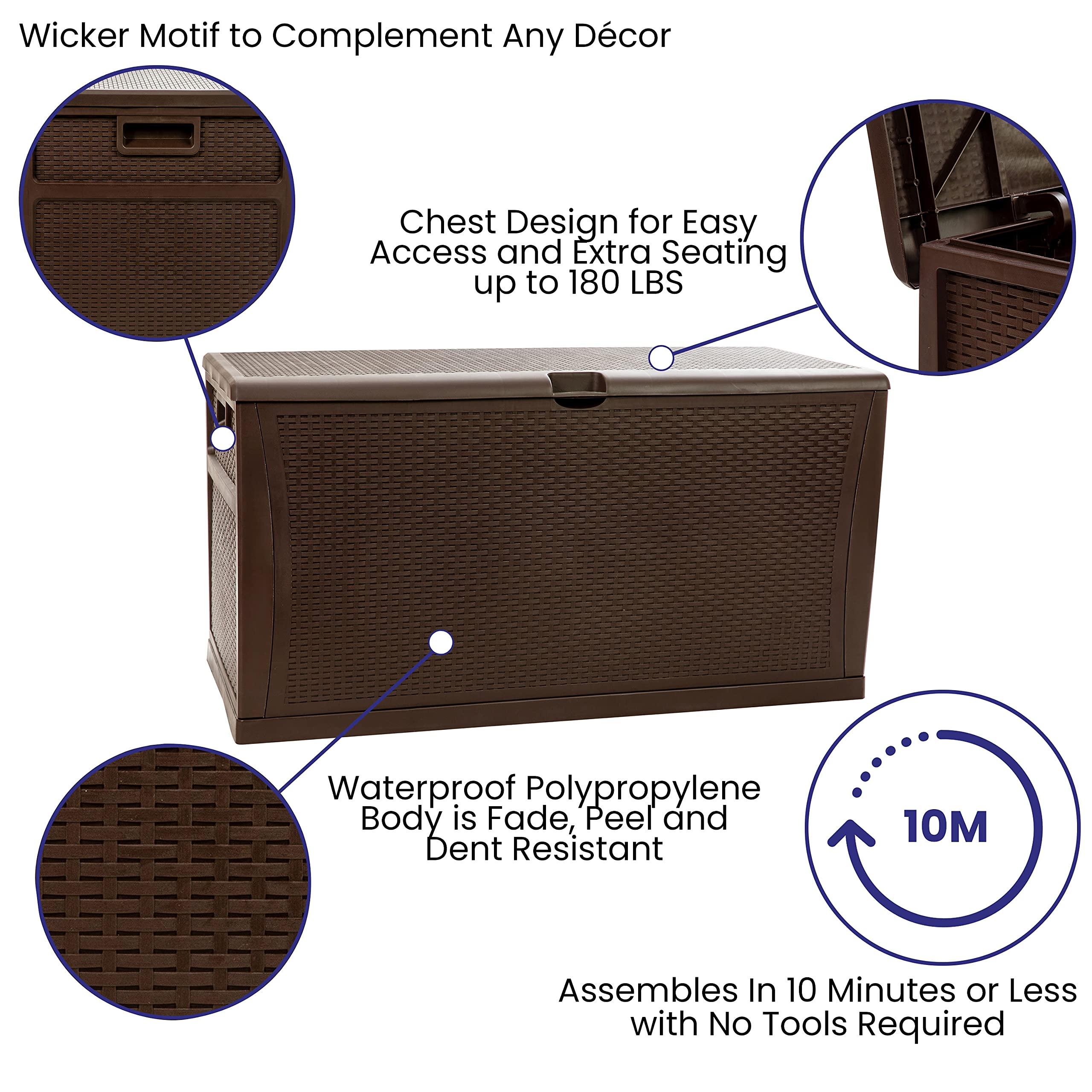 EMMA + OLIVER 120 Gallon Brown Plastic Deck Box - Outdoor Patio Storage Container for Cushions, Pool Toys & Garden Tools | Weatherproof Deck Organization Solution for Backyard, Porch & Poolside