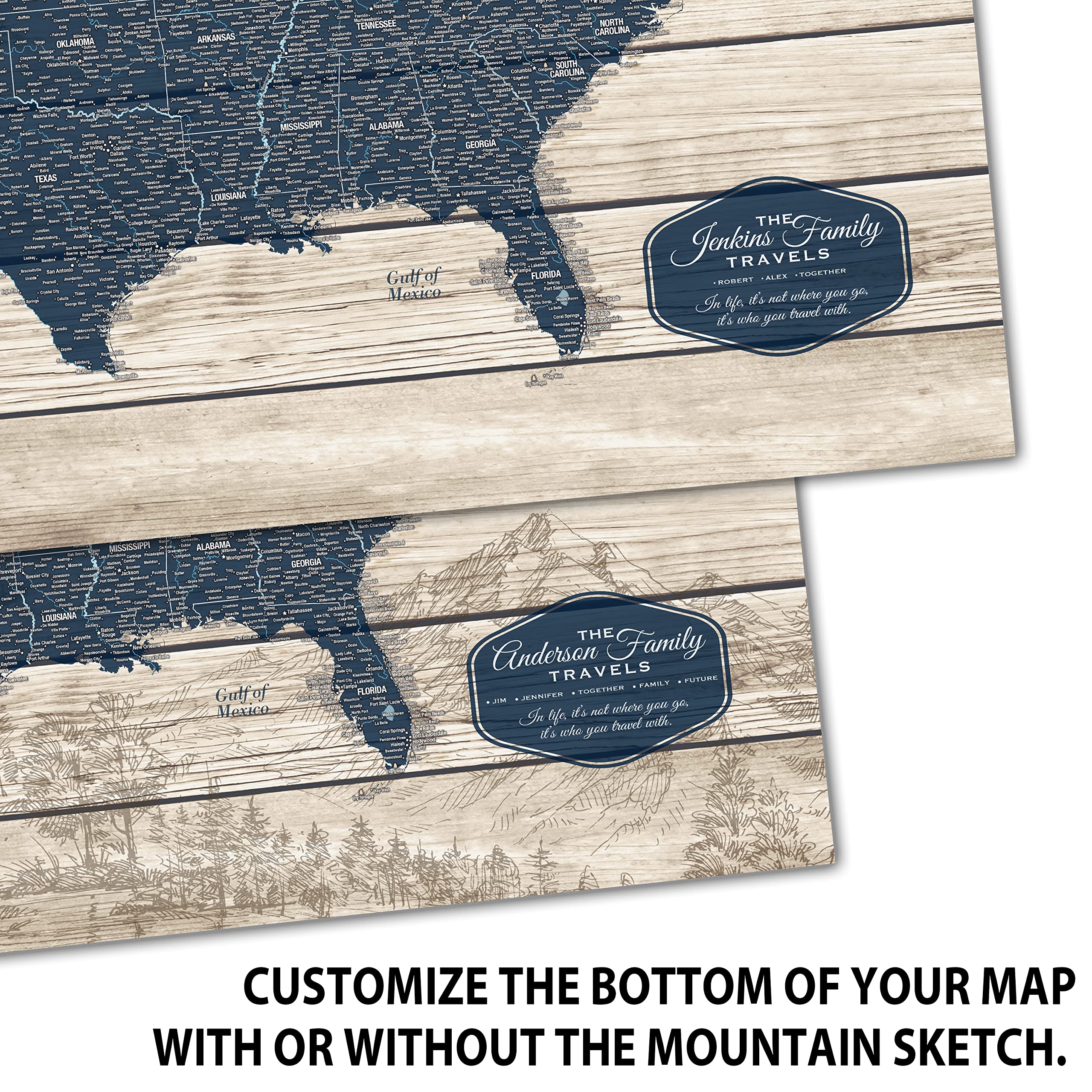 Personalized USA Push Pin Travel Map - Rustic Woodgrain Canvas with National Parks & Navy Blue US Map - Perfect Travel Gift for Adventurers | Track Trips, Display Memories, Decorate Home Office