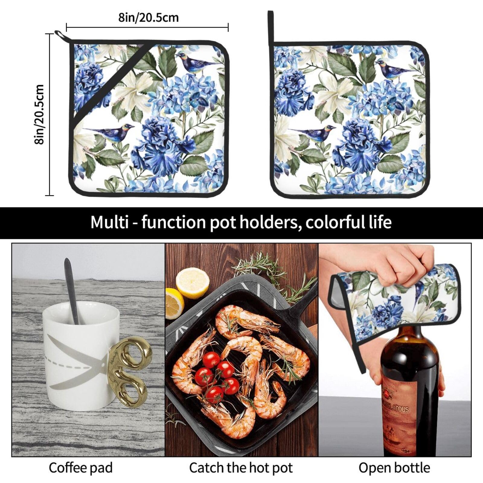 Blue Hydrangea Flowers Bird Pot Holders Set of 2, Heat Resistant Square Oven Mitts for Kitchen, Cooking, Baking, BBQ, and Everyday Use