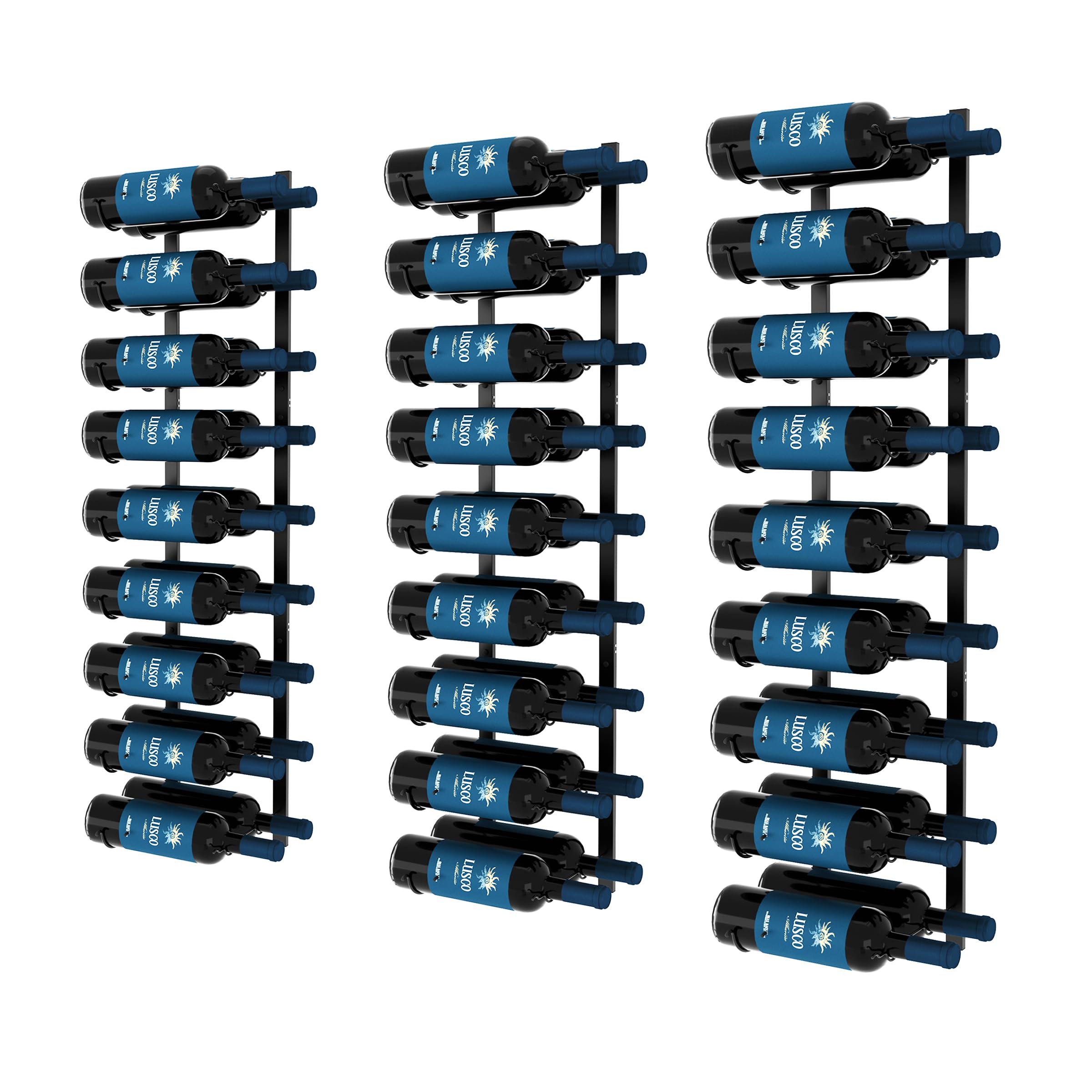 CharaVector Wall Mount Wine Rack (3-Piece Set Holds 54 Bottles) - DIY Half Wall Wine Storage for Wine, Liquor & Champagne - Black Metal Wine Bottle Holder for Home, Kitchen & Bar Decor - Perfect for Dining Rooms, Basements & Entertaining Spaces