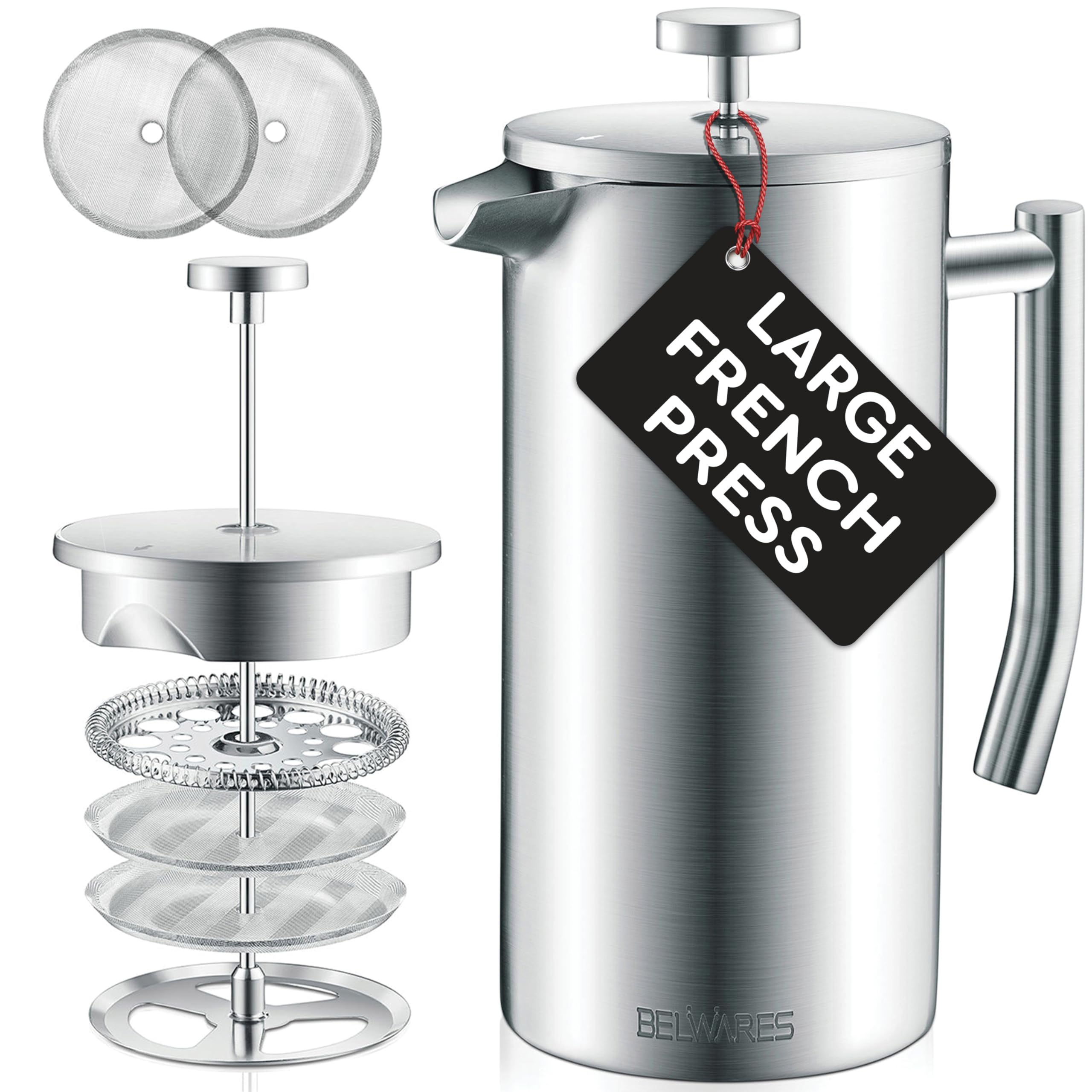 Belwares 50 Oz French Press Coffee Maker - Stainless Steel 304 Insulated Coffee Press with Double Wall & 4-Stage Filtration System (1.5L, Silver) - Perfect for Home, Office, Camping & Gifts