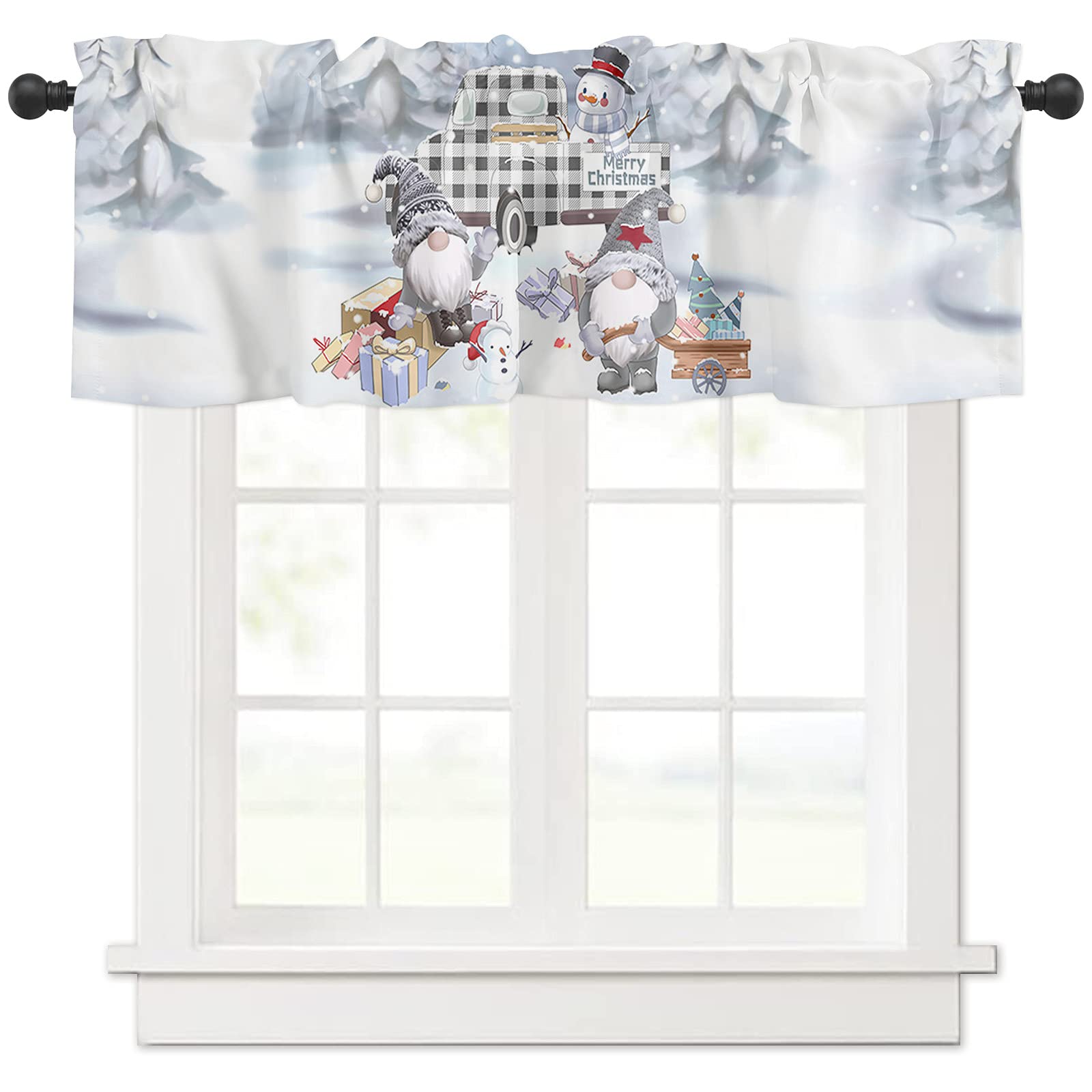 Christmas Valances Window Curtains - Plaid Truck Snowman Xmas Gnome Farmhouse Decor, Rod Pocket Valance for Living Room, Bedroom, Kitchen (54