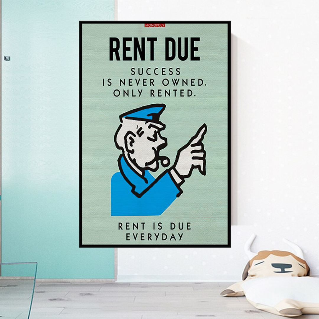 Alec Monopoly Rent Due Playing Card Canvas Wall Art - Pop Culture Home Decor for Living Room, Bedroom & Office