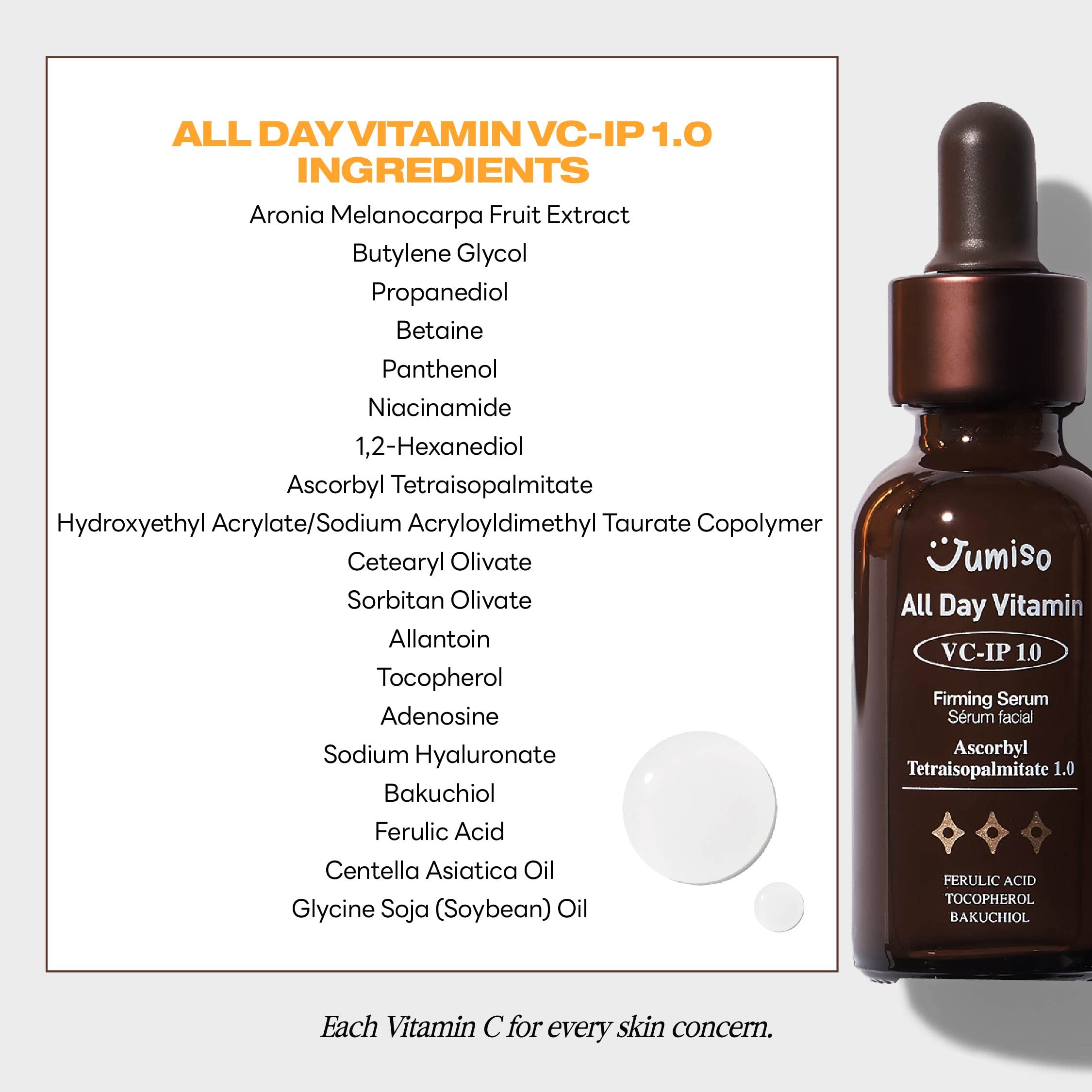 JUMISO All Day VC-IP 1.0 Firming Serum 30ml - Vitamin C Brightening Face Serum with Collagen Boost, Aronia Extract & Bakuchiol for Fine Lines & Wrinkles - Hydrating Anti-Aging Skincare for Day & Night Use