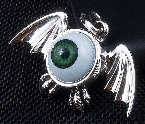 Gothic Sterling Silver Green Eyeball Wing Pendant Necklace - Perfect for Halloween, Cosplay & Alternative Fashion Accessories