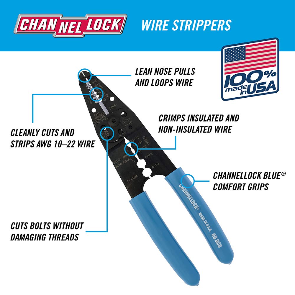 Channellock 908 Professional Wire Stripping Tool - High Precision Electrical Wiring Pliers for DIY, Home Repair & Electricians - Perfect for Electrical Projects, Automotive Wiring & HVAC Installations