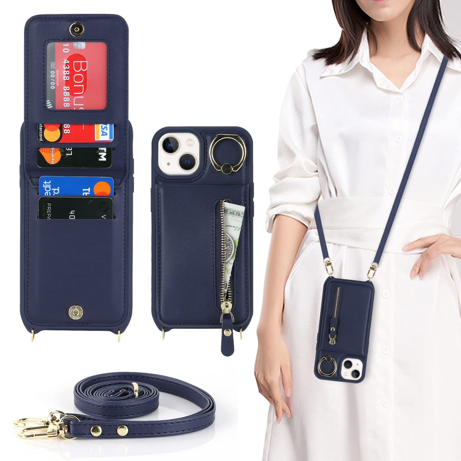 Premium Shockproof iPhone 14 Case with Card Holder & Crossbody Strap - Wallet Phone Case with Kickstand & Zipper for Women (Blue) | Perfect for Travel, Shopping & Everyday Use