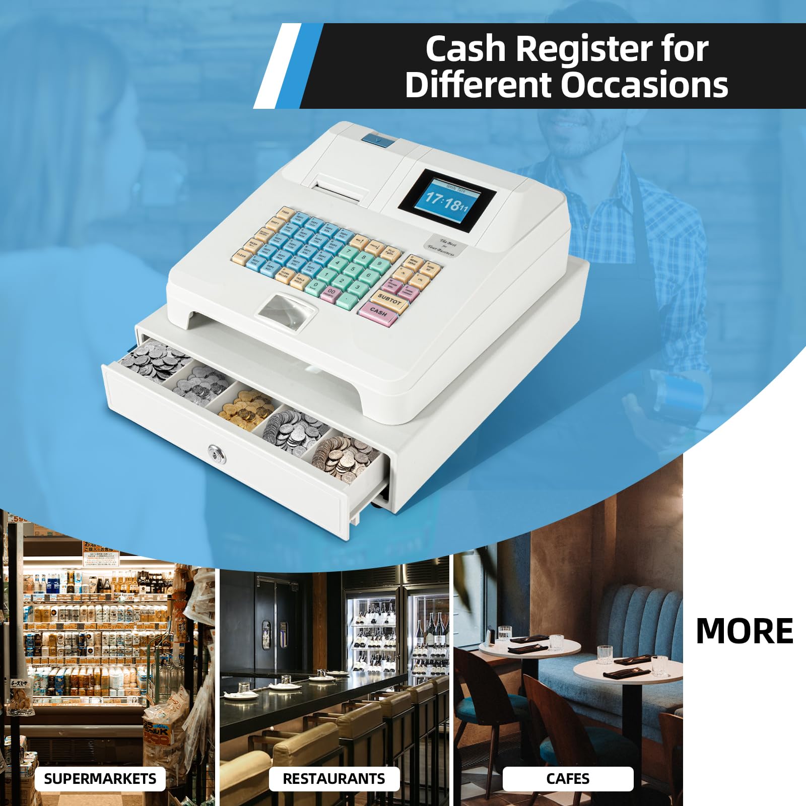 48-Key Electronic Cash Register with 8-Digit LED Display, Cash Drawer & Thermal Receipt Printer - POS System for Small Business (White) | Ideal for Retail Stores, Restaurants and Convenience Shops